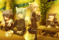 Rule 34 | 10s, 4girls, animal ears, armor, breastplate, cat ears, cat girl, cat tail, cup, drinking, drinking straw, eyepatch, facial mark, final fantasy, final fantasy xiv, looking at viewer, miqo&#039;te, multiple girls, one eye closed, short hair, sitting, smile, table, tail, takatsuki kahiro, teacup, warrior of light (ff14), wink