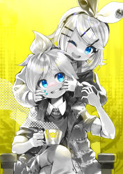Rule 34 | 1boy, 1girl, aqua nails, blue eyes, bow, chair, cheek pull, clenched teeth, commentary, crossed legs, crown print, cup, furrowed brow, greyscale, greyscale with colored background, hair bow, hair ornament, hairclip, hand on another&#039;s arm, hand on another&#039;s mouth, headphones, highres, holding, holding cup, jacket, kagamine len, kagamine rin, kei (keigarou), king (vocaloid), light blush, looking at another, looking at viewer, monochrome, mouth pull, nail polish, one eye closed, open mouth, parody, partially colored, short hair, simple background, sitting, sleeves rolled up, smile, spiked hair, steam, swept bangs, teeth, two-tone bow, upper body, vocaloid, yellow background