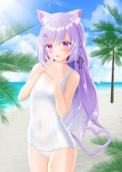 Rule 34 | 1girl, absurdres, ahoge, animal ear fluff, animal ears, beach, blue sky, cat ears, cat tail, cloud, commentary request, commission, day, heart, heart tail, heterochromia, highres, horizon, indie virtual youtuber, long hair, mikeneko (vtuber), mikeneko (vtuber) (2nd costume), ocean, one-piece swimsuit, outdoors, palm tree, pixiv commission, purple eyes, purple hair, red eyes, school swimsuit, sky, solo, surgate matias, swimsuit, tail, tree, utaite, virtual youtuber, white one-piece swimsuit
