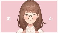 Rule 34 | 1girl, black-framed eyewear, brown hair, character request, closed eyes, closed mouth, earrings, eyebrows hidden by hair, facing viewer, glasses, grey background, highres, indie virtual youtuber, jewelry, kurono kito, long hair, pink background, portrait, shirt, solo, stud earrings, two-tone background, virtual youtuber, white shirt