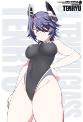Rule 34 | 1girl, bare arms, bare legs, bare shoulders, black one-piece swimsuit, breasts, cowboy shot, eyepatch, headgear, kantai collection, medium breasts, one-piece swimsuit, parted lips, purple hair, shigino sohuzi, solo, swimsuit, tenryuu (kancolle), yellow eyes