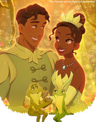 1boy 1girl anniversary blurry blurry_background cape couple dress dual_persona elbow_gloves frog frog_boy frog_girl gloves hetero jewelry kiri_futoshi looking_at_another necklace plant prince_naveen strapless strapless_dress the_princess_and_the_frog tiana_(the_princess_and_the_frog) tiara vines