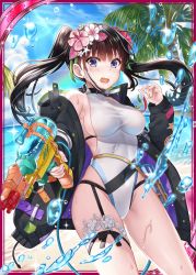 Rule 34 | 1girl, beach, black jacket, black ribbon, blue eyes, blue sky, blush, breasts, brown hair, card (medium), casual one-piece swimsuit, clothing request, cloud, cloudy sky, collarbone, competition swimsuit, covered navel, cowboy shot, day, flower, gluteal fold, green jacket, groin, gun, hair flower, hair ornament, hakuda tofu, hand up, highleg, highleg swimsuit, holding, jacket, large breasts, lens flare, long hair, long sleeves, looking at viewer, multicolored clothes, multicolored jacket, ocean, off shoulder, official art, one-piece swimsuit, open clothes, open jacket, open mouth, outdoors, palm tree, pink flower, purple jacket, rainbow, red flower, ribbon, shinkai no valkyrie, single bare shoulder, skindentation, sky, solo, sunlight, sweat, swimsuit, thigh strap, tree, twintails, water, water drop, water gun, weapon, white one-piece swimsuit