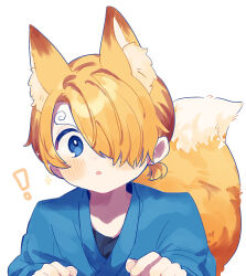 Rule 34 | !, 1boy, :&lt;, aged down, animal ear fluff, animal ears, blonde hair, blue eyes, blue kimono, blush, commentary, cropped torso, curious, curly eyebrows, fluffy, fox boy, fox ears, fox tail, hair over one eye, hands up, highres, japanese clothes, kemonomimi mode, kimono, long bangs, male focus, natori (natori 10), one piece, open mouth, sanji (one piece), short hair, short ponytail, simple background, tail, white background