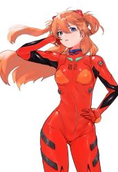 Rule 34 | 1girl, artist request, blue eyes, bodysuit, cowboy shot, hair between eyes, hand on head, hand on own hip, long hair, looking at viewer, neon genesis evangelion, orange hair, parted lips, plugsuit, red bodysuit, simple background, solo, souryuu asuka langley, twintails, usagiplanet7, white background