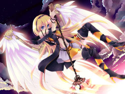 Rule 34 | 1girl, angel wings, blonde hair, blue eyes, boots, child-box, cloud, headphones, high heels, lily (vocaloid), long hair, md5 mismatch, microphone, microphone stand, midriff, navel, resolution mismatch, shoes, skirt, solo, source smaller, thigh boots, thighhighs, very long hair, vocaloid, wings, zettai ryouiki