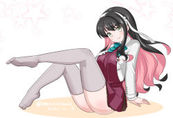 Rule 34 | 1girl, black hair, blazer, breasts, dated, hair down, hairband, halterneck, jacket, kantai collection, large breasts, long hair, looking at viewer, masara (chuujou), multicolored hair, naganami (kancolle), naganami kai ni (kancolle), pink hair, smile, solo, star (symbol), starry background, thighhighs, twitter username, two-tone hair, wavy hair, white background, white hairband, yellow eyes