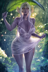 Rule 34 | 1girl, au ra, warrior of light (ff14), blurry, blurry background, breasts, clothes lift, colored skin, dragon horns, dress, dress lift, final fantasy, final fantasy xiv, grey skin, horns, large breasts, lifted by self, lips, long hair, looking at viewer, no panties, olchas, paid reward available, parted lips, rain, paid reward available, scales, scar, scar on chest, see-through, solo, thigh gap, wet, wet clothes, wet dress, white hair, yellow eyes