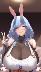 Rule 34 | 1girl, animal ears, apron, aster crowley, blue hair, blush, braid, braided ponytail, breasts, highres, hololive, huge breasts, light blue hair, long hair, long sleeves, looking at viewer, mature female, pekomama, rabbit ears, rabbit girl, short eyebrows, smile, solo, thick eyebrows, virtual youtuber