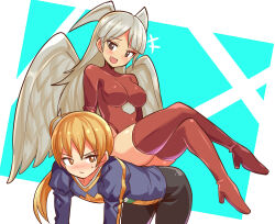 Rule 34 | 1boy, 1girl, angel wings, blush, boots, breasts, closed mouth, cougar (cougar1404), final fantasy, final fantasy tactics, full body, head wings, high heels, highleg, highleg leotard, human chair, human furniture, leotard, long hair, medium breasts, open mouth, ramza beoulve, red leotard, red thighhighs, sitting, sitting on back, sitting on person, small breasts, smile, thigh boots, thighhighs, ultima (fft), white hair, wings