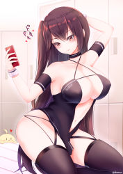 Rule 34 | 1girl, absurdres, arm strap, azur lane, bare hips, breasts, brown hair, brown thighhighs, cellphone, center opening, cleavage, clothing cutout, covered erect nipples, criss-cross halter, halterneck, heart, highres, holding, holding phone, large breasts, long hair, manjuu (azur lane), monneko, navel cutout, official alternate costume, pelvic curtain, phone, race queen, selfie, smartphone, solo, thighhighs, thighs, very long hair, wrist cuffs, zuikaku (azur lane), zuikaku (the wind&#039;s true name) (azur lane)