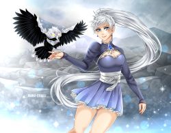 Rule 34 | 1girl, bird, blue eyes, boots, breasts, cleavage, cleavage cutout, clothing cutout, crystal, dress, earrings, grimm (rwby), hair ornament, high collar, high heel boots, high heels, highres, ice, jewelry, long hair, long sleeves, manu-chann, medium breasts, owl, ponytail, rwby, sash, scar, scar across eye, scar on face, short dress, silver hair, skirt, smile, very long hair, weiss schnee, white theme