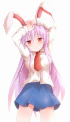 Rule 34 | 1girl, animal ears, arms up, blush, dress shirt, female focus, highres, light purple hair, long hair, necktie, rabbit ears, red eyes, red necktie, reisen udongein inaba, shirt, shize (coletti), skirt, solo, touhou