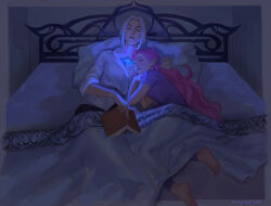 Rule 34 | 2girls, aina (mayexplode), bed, blanket, blue shirt, book, camille (league of legends), closed eyes, closed mouth, grey shirt, highres, holding, holding book, league of legends, long hair, lying, multiple girls, on back, on side, open book, parted bangs, pillow, pink hair, pink shirt, seraphine (league of legends), shirt, short hair, short sleeves
