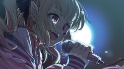 Rule 34 | 1girl, backlighting, black ribbon, collar, eyepatch, grey hair, hair ribbon, heart, heart eyepatch, highres, holding, holding microphone, jacket, long hair, makaino ririmu, makaino ririmu (4th costume), microphone, multicolored hair, music, nijisanji, off shoulder, open mouth, pink hair, pink jacket, pointy ears, red collar, ribbon, sabamen, sidelocks, singing, solo, stage lights, teeth, twintails, two-tone hair, upper body, upper teeth only, virtual youtuber