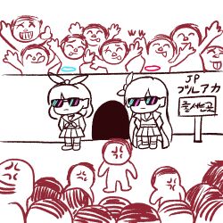 Rule 34 | 2girls, 6+boys, :p, ^ ^, plana (blue archive), anger vein, arms behind back, arms up, doodle sensei (blue archive), arona (blue archive), blue archive, bow, chibi, closed eyes, closed mouth, coat, commentary request, crowd, facing another, gate, grin, hair bow, halo, korean commentary, korean text, light frown, long hair, long sleeves, lowres, mixed-language commentary, multiple boys, multiple girls, neckerchief, open clothes, open coat, partial commentary, partially colored, pleated skirt, school uniform, sensei (blue archive), serafuku, shasa2456, short hair, sign, skirt, smile, sunglasses, tongue, tongue out, too many, translation request, wall