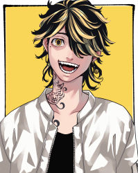 Rule 34 | 1boy, black hair, black shirt, blonde hair, collarbone, earrings, hair over one eye, hanemiya kazutora, highres, jacket, jewelry, looking at viewer, male focus, medium hair, mole, mole under eye, multicolored hair, neck tattoo, one eye covered, open mouth, shirt, simple background, single earring, smile, solo, tattoo, tokyo revengers, tsunko (9v2 q), two-tone hair, upper body, white jacket, yellow background, yellow eyes