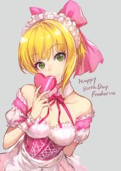Rule 34 | 10s, 1girl, arm behind back, bare shoulders, blonde hair, bow, detached collar, detached sleeves, frills, gloves, green eyes, guchico, hair bow, hairband, happy birthday, heart, idolmaster, idolmaster cinderella girls, lolita hairband, looking at viewer, miyamoto frederica, puffy detached sleeves, puffy sleeves, short hair, smile, solo