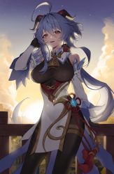 Rule 34 | 1girl, ahoge, bare shoulders, bell, black gloves, blue hair, breasts, cloud, commentary request, detached sleeves, ganyu (genshin impact), genshin impact, gloves, gold trim, gradient sky, gy1966, highres, horns, large breasts, long hair, looking at viewer, neck bell, open mouth, orange sky, outdoors, purple eyes, scenery, sidelocks, sky, smile, solo, sun, twilight, very long hair, vision (genshin impact), white sleeves