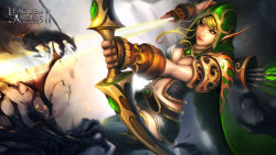 Rule 34 | 1girl, arrow (projectile), artist request, blonde hair, bow, bow (weapon), breasts, cleavage, drawing bow, elf, green eyes, holding, holding bow (weapon), holding weapon, league of angels, league of angels ii, medium breasts, pointy ears, realistic, solo, weapon