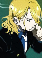 Rule 34 | 1boy, alternate hairstyle, black suit, blonde hair, blue shirt, cigarette, hair over one eye, looking to the side, male focus, necktie, aged up, one piece, sanji (one piece), shirt, short hair, smoking, solo, suit, taro (honyarara00), upper body