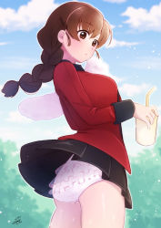 Rule 34 | 1girl, absurdres, artist name, ass, black skirt, blue sky, braid, braided ponytail, brown eyes, brown hair, closed mouth, clothes lift, cloud, cloudy sky, commission, cowboy shot, cup, day, disposable cup, drinking straw, frilled panties, frills, girls und panzer, hair ornament, hairclip, highres, holding, holding cup, holding towel, itsumip, jacket, light frown, long hair, long sleeves, looking at viewer, looking back, military, military uniform, miniskirt, outdoors, panties, pantyshot, pleated skirt, red jacket, rukuriri (girls und panzer), signature, single braid, skeb commission, skirt, skirt lift, sky, solo, st. gloriana&#039;s military uniform, standing, towel, underwear, uniform, white panties, wind, wind lift, wiping sweat