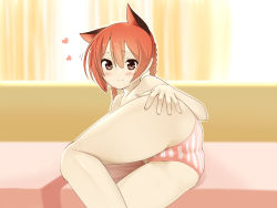 Rule 34 | 1girl, animal ears, ass, bad id, bad pixiv id, blush, braid, brown eyes, cat ears, heart, highres, kaenbyou rin, looking at viewer, lying, no tail, on side, panties, red hair, smile, solo, striped clothes, striped panties, thighs, touhou, underwear, underwear only, wallpaper, zuttokodomo