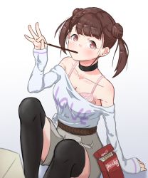 Rule 34 | 1girl, arm support, bad id, bad pixiv id, belt, black thighhighs, bra, brown hair, choker, clothes writing, collarbone, commentary request, double bun, eating, food, gradient background, hair bun, hand up, highres, holding, holding food, holding pocky, idolmaster, idolmaster shiny colors, knee up, loeldrive, long hair, looking at viewer, no eyewear, off-shoulder shirt, off shoulder, pink bra, pocky, red eyes, shirt, shirt slip, shorts, simple background, sitting, sleeves past wrists, solo, sonoda chiyoko, thighhighs, tied shirt, twintails, underwear, white shirt