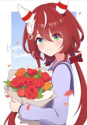 Rule 34 | 1girl, animal ears, auklet5580, blush, carrying, flower, green eyes, hair between eyes, hair ornament, happy birthday, highres, horse ears, horse girl, low twintails, petals, red hair, ribbon, school uniform, simple background, smile, solo, tracen school uniform, twintails, umamusume, win variation (umamusume)