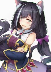 Rule 34 | 1girl, animal ear fluff, animal ears, black hair, blush, bow, brooch, cat ears, cat tail, crossed arms, detached sleeves, embarrassed, fang, green eyes, hair bow, haruken, jewelry, karyl (princess connect!), long hair, looking at viewer, low twintails, multicolored hair, open mouth, princess connect!, purple bow, simple background, skin fang, solo, streaked hair, tail, twintails, very long hair, white background, white hair