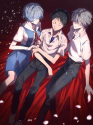 Rule 34 | 1girl, 2boys, ayanami rei, barefoot, blue hair, breasts, highres, ikari shinji, multiple boys, nagisa kaworu, neon genesis evangelion, no eyes, school uniform, tokyo-3 middle school uniform