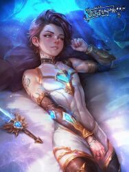 Rule 34 | 1boy, absurdres, angel, arm tattoo, blue gemstone, blush, commission, covering crotch, covering privates, gem, hand tattoo, highres, male focus, mrelagan, neck tattoo, on bed, original, pale skin, pillow, playing with own hair, presenting, realistic, skin tight, solo, sword, tattoo, trap, weapon