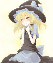 Rule 34 | 1girl, apron, bad id, bad pixiv id, blonde hair, blush, clenched hands, closed eyes, female focus, hat, highres, kirisame marisa, long hair, mugi (banban53), ribbon, smile, solo, touhou, witch, witch hat