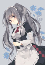 Rule 34 | 1girl, apron, ascot, bad id, bad pixiv id, black dress, bow, brown eyes, corset, dress, flower, grey hair, long hair, looking at viewer, maid, maid apron, maid headdress, original, puffy sleeves, smile, solo, twintails, yunohito