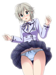 Rule 34 | anastasia (idolmaster), blazer, blue eyes, blue panties, blush, bow, bow panties, bowtie, breasts, buttoned cuffs, buttons, checkered clothes, checkered skirt, clothes lift, commentary request, cowboy shot, crotch seam, gluteal fold, grey skirt, hands up, idolmaster, idolmaster cinderella girls, jacket, lielos, long sleeves, medium breasts, open mouth, panties, pantyshot, school uniform, shirt, short hair, silver hair, skirt, skirt lift, solo, surprised, thighs, underwear, white shirt, wind, wind lift