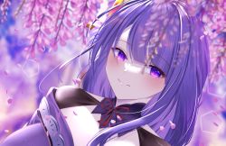 Rule 34 | 1girl, absurdres, armor, cherry blossoms, choker, closed mouth, commentary, commentary request, dutch angle, english commentary, flower, genshin impact, hair flower, hair ornament, highres, japanese clothes, kimono, kohaku komeiji, light blush, light smile, long hair, looking at viewer, mixed-language commentary, mole, mole under eye, outdoors, petals, portrait, purple eyes, purple flower, purple hair, purple kimono, raiden shogun, red ribbon, ribbon, ribbon choker, shoulder armor, shrug (clothing), solo, tree, under tree
