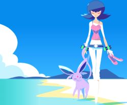Rule 34 | 00s, 1girl, barefoot, beach, black hair, bracelet, capri pants, closed eyes, cloud, creatures (company), day, espeon, game freak, gen 2 pokemon, gym leader, holding, holding shoes, jewelry, lowres, midriff, mintchoco (mmn2), nintendo, no lineart, outdoors, pants, pokemon, pokemon (creature), pokemon hgss, sabrina (pokemon), shoes, short hair, sky, tank top, thigh gap, unworn shoes
