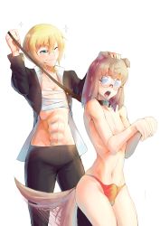 Rule 34 | 1boy, 1girl, ;), abs, animal collar, animal ears, bandages, bandages around chest, black jacket, black pants, blonde hair, blue eyes, blush, breasts, brown hair, bulge, cleavage, collar, cyzir visheen, dog boy, dog ears, dog tail, erection, erection under clothes, femdom, gakuran, glasses, green eyes, hand on another&#039;s head, headpat, height difference, hetero, highres, jacket, leash, long hair, long sleeves, looking at another, looking at viewer, medium breasts, navel, nipples, one eye closed, open clothes, open jacket, open mouth, original, panties, pants, paw pose, pet play, puffy nipples, red panties, reverse trap, rimless eyewear, round eyewear, sarashi, school uniform, short hair, simple background, smile, sparkle, standing, tail, tail wagging, tongue, tongue out, topless male, trap, underwear, underwear only, white background