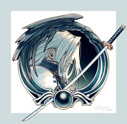Rule 34 | 1boy, armor, black coat, black wings, border, closed mouth, coat, dated, final fantasy, final fantasy vii, final fantasy vii remake, grey border, grey hair, hair over eyes, katana, kay-i, long bangs, long hair, male focus, masamune (ff7), materia, parted bangs, profile, sephiroth, shoulder armor, single wing, solo, straight hair, sword, twitter username, weapon, white background, wings