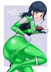 Rule 34 | 1girl, abe tsukumo, animification, ass, bodysuit, breasts, chameleon green, gloves, hammie (uchuu sentai kyuuranger), highres, looking at viewer, open mouth, pantyhose, skin tight, skirt, smile, solo, star (symbol), super sentai, tokusatsu, uchuu sentai kyuuranger