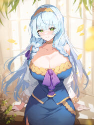 Rule 34 | 1girl, apple caramel, bare shoulders, blue dress, blue hair, bow, braid, breasts, closed mouth, collarbone, commentary request, commission, copyright request, dress, green eyes, hair over shoulder, hairband, highres, juliet sleeves, large breasts, long hair, long sleeves, motion blur, petals, pixiv commission, puffy sleeves, purple bow, smile, solo, twin braids, very long hair, window, yellow hairband