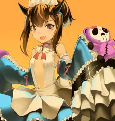 Rule 34 | &gt;:d, 1girl, :d, bad drawr id, bad id, blue dress, breasts, breasts apart, brown hair, detached sleeves, drawr, dress, facing viewer, fang, frills, hands in opposite sleeves, hands up, horns, looking at viewer, no bra, oekaki, open mouth, orange background, original, purple eyes, rayvon, simple background, sleeves past wrists, small breasts, smile, solo, stuffed animal, stuffed toy, teddy bear, v-shaped eyebrows, wide sleeves