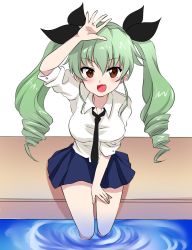 1girl, :d, airi (akamichiaika), anchovy (girls und panzer), anzio school uniform, arm up, bangs, black neckwear, black ribbon, black skirt, brown eyes, commentary, dress shirt, drill hair, eyebrows visible through hair, fang, girls und panzer, green hair, hair ribbon, highres, long hair, long sleeves, looking at viewer, loose necktie, miniskirt, necktie, no legwear, open mouth, pleated skirt, ribbon, school uniform, shirt, sitting, skin fang, skirt, sleeves rolled up, smile, soaking feet, solo, twin drills, twintails, water, white background, wing collar
