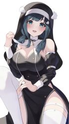 Rule 34 | 1girl, amano nene (vtuber), bare shoulders, black dress, black sleeves, black veil, blue eyes, blue hair, blunt bangs, blush, breasts, cleavage, collar lift, cowboy shot, curvy, dark blue hair, detached collar, detached sleeves, dress, habit, high collar, highres, impossible clothes, impossible dress, jewelry, juliet sleeves, knee up, large breasts, long dress, long sleeves, looking at viewer, low twintails, necklace, nun, official alternate costume, official alternate hairstyle, open mouth, pelvic curtain, production kawaii, puffy sleeves, side slit, simple background, sleeve cuffs, sleeve garter, solo, strapless, strapless dress, swept bangs, taut clothes, taut dress, thick thighs, thigh strap, thighhighs, thighs, twintails, tyabesu, veil, virtual youtuber, white background, white thighhighs, wide hips, wing hair ornament