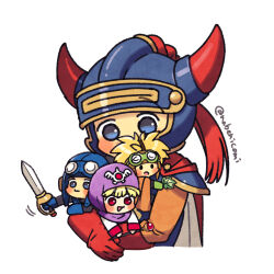 Rule 34 | 1girl, 3boys, armor, blonde hair, blue eyes, blue gloves, blue headwear, blush stickers, cape, carrying, carrying person, child, commentary request, cropped torso, dragon quest, dragon quest i, dragon quest ii, fake horns, gloves, goggles, goggles on headwear, green gloves, helmet, herb, hero (dq1), holding, holding staff, holding sword, holding weapon, hood, horned helmet, horns, multiple boys, nabenko, prince of lorasia, prince of samantoria, princess of moonbrook, purple headwear, purple hood, red cape, red eyes, red gloves, shoulder armor, staff, sword, upper body, weapon, white background, white tunic