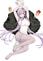Rule 34 | 1girl, absurdres, areola slip, armpits, arms up, blue eyes, breasts, china dress, chinese clothes, commentary, crossed bangs, cup, dress, drinking glass, english commentary, feet, from above, full body, grey hair, hair between eyes, hair ornament, highres, indie virtual youtuber, kuon bb, large breasts, legs, long hair, looking at viewer, lying, mole, mole under mouth, no shoes, on back, open mouth, pantyhose, pelvic curtain, pochimaru (vtuber), purple hair, purple pantyhose, see-through, see-through legwear, sideboob, simple background, slit pupils, solo, spill, thighband pantyhose, thighs, toenails, toes, very long hair, virtual youtuber, white background, white dress, wine glass