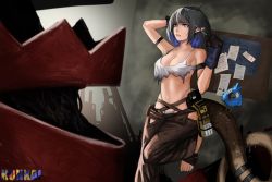 Rule 34 | 1girl, absurdres, arknights, arm strap, arm up, bare shoulders, black gloves, black hair, blue eyes, blue hair, breasts, brown pants, camisole, cleavage, crop top, eunectes (arknights), eunectes (forgemaster) (arknights), gloves, hand up, high priest (arknights), highres, honkai (honkai1954), large breasts, midriff, multicolored hair, navel, official alternate costume, pants, parted lips, pointy ears, short hair, snake tail, spaghetti strap, standing, standing on one leg, stomach, tail