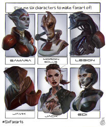 Rule 34 | 1other, 2boys, 3girls, alien, android, armor, black eyes, black jacket, bra, breasts, brown eyes, brown hair, cable, character name, chest tattoo, colored sclera, commentary, criss-cross halter, damaged, ear piercing, edi (mass effect), english commentary, engrish commentary, eva kosmos, extra eyes, floating hair, frown, geth, grey lips, halterneck, head tilt, highres, humanoid robot, jack (mass effect), jacket, javik (mass effect), legion (mass effect), looking ahead, looking at viewer, looking to the side, looking up, mass effect (series), mass effect 2, mass effect 3, medium hair, metal skin, mordin solus, multiple boys, multiple drawing challenge, multiple girls, neck tattoo, one-eyed, parted lips, piercing, prothean, red lips, robot, salarian, samara (mass effect), science fiction, six fanarts challenge, small breasts, solid eyes, tattoo, undercut, underwear, v-shaped eyebrows, white bra, white jacket, yellow sclera