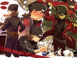 Rule 34 | 1boy, absurdres, apron, aragaki shinjirou, arm hair, beanie, black beanie, black pants, black sweater, blush, brown hair, chibi, chibi inset, coat, cooking, covering face, dog, frying pan, hair between eyes, hand on own hip, hat, highres, holding, holding weapon, koromaru (persona), medium hair, multiple boys, multiple views, notice lines, pants, persona, persona 3, persona 3 reload, petting, red coat, school uniform, smile, speech bubble, sweater, trench coat, turtleneck, turtleneck sweater, weapon, zipsunz