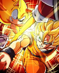 Rule 34 | 2boys, animal nose, battle, blonde hair, bracer, crossover, dougi, dragon ball, dragonball z, furry, furry male, gloves, green eyes, grin, kicking, looking at another, male focus, multiple boys, muscular, punching, red eyes, red footwear, sash, shoes, smile, sneakers, son goku, sonic (series), sonic the hedgehog, sparring, super saiyan, super saiyan 1, super sonic, tondamanuke, trait connection, white gloves